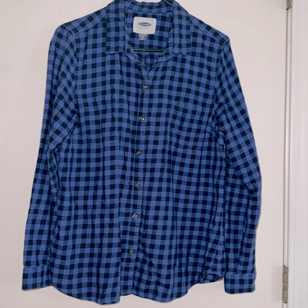 Old Navy Blue & Black Flannel Button Up Shirt - Size Large